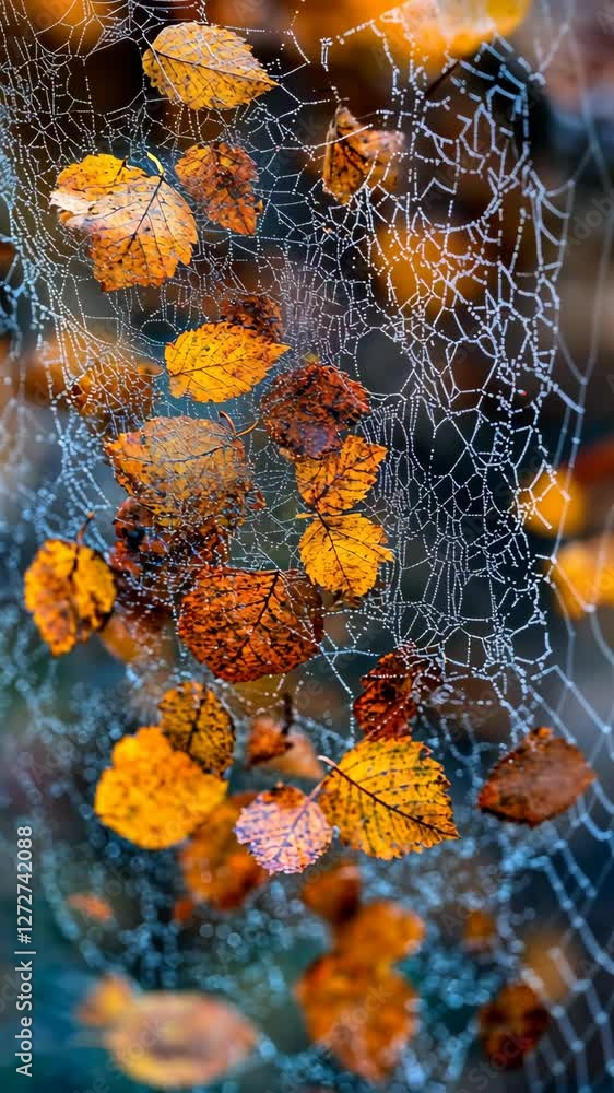 Poster dew-covered spider web adorned with autumn leaves in a serene forest setting