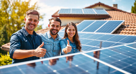 Happy family with solar panels outdoors , Homeowners give a thumbs up showing their confidence in installing solar panels , Generative AI