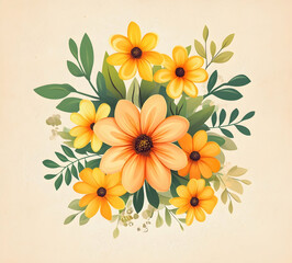 Top-view vector of orange and yellow flowers in a garland with green leaves, set on a beige background, suitable for nature-inspired greeting cards or weddings.