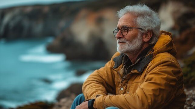 A contemplative senior man sits on weathered rocks, reflecting on life as he gazes across the calm ocean. The golden hues of his jacket contrast beautifully with the wild coastal backdrop