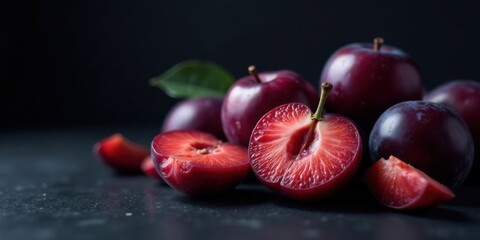 A Close-Up Still Life Featuring Juicy, Ripe Plums, Some Halved to Reveal Their Vibrant Red Interior, Resting on a Dark Surface