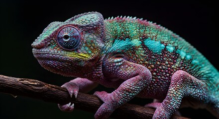 Fototapeta premium Colorful Chameleon On Dark Branch Against Black Background Wildlife Close-Up