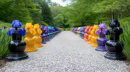 Fototapeta premium Colorful irises in ceramic pots line garden path