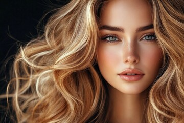 Fototapeta premium Portrait of a beautiful woman with wavy hair in studio with black background, glamour concept