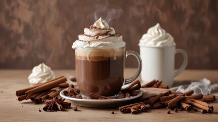 Warm Indulgence Steaming Hot Chocolate Topped with Whipped Cream and Cocoa Powder, Served with Cinnamon Sticks and Star Anise