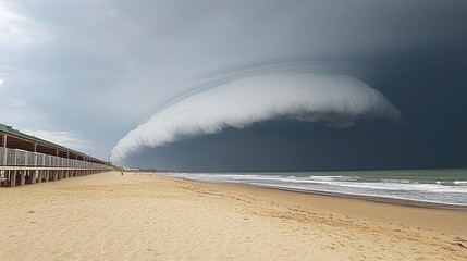 Dramatic storm clouds over a beach.