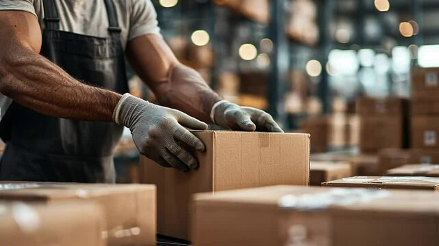 A diligent worker is carefully stacking cardboard boxes in a well-lit warehouse. The organized space showcases numerous packages awaiting shipment, emphasizing productivity