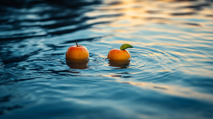 Apples floating on water surface, conceptual usage of a health and nutrition theme