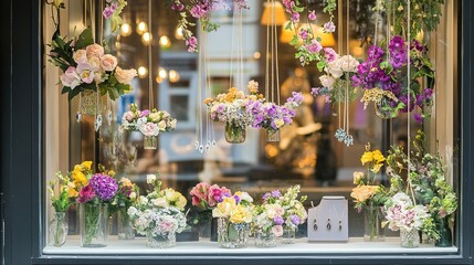 Fototapeta premium Celebrating Women's Day: Hanging Floral Arrangements with Jewelry in Storefront Window, Embodying Feminism and Empowerment