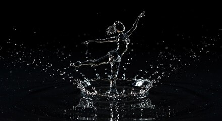 Water ballet dancer sculpture in mid-air splash against black background