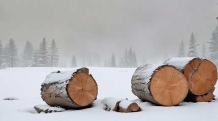 Winter's Embrace Snow-Covered Logs Resting in a Frosty Forest Clearing