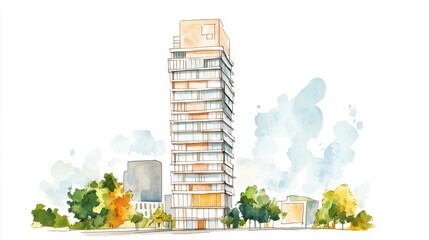 Naklejka premium A beautiful watercolor painting of a modern building surrounded by lush greenery, showcasing a blend of contemporary design and nature.