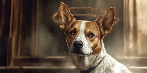 Obraz premium Innocent dog portrait with halo indoor studio animal art soft lighting heartwarming concept