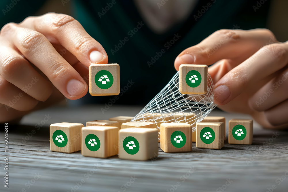 Poster hands arranging network cubes on table