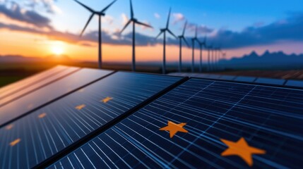Sunset over solar panels and wind turbines
