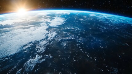 Earth View From Space at Sunrise with Cloud Formations and Starfield