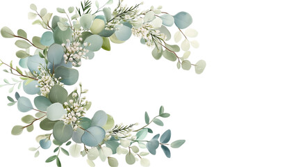 An elegant botanical wreath crafted from hand-painted eucalyptus branches and wildflowers, isolated on a transparent background. Perfect for wedding, branding, and design projects.