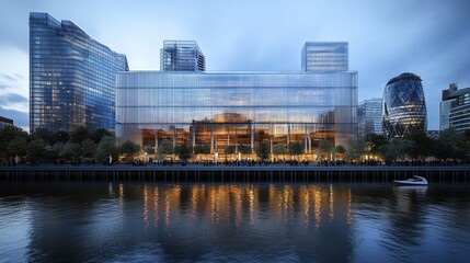 Modern glass building waterfront reflection city dusk.