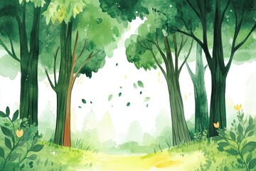 A serene forest scene featuring vibrant green trees and gentle sunlight filtering through the leaves. Ideal for nature and tranquility themes.
