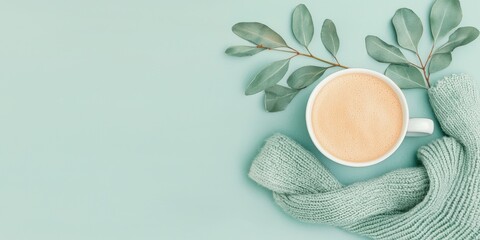 Obraz premium Cozy coffee cup and scarf flat lay indoor setting lifestyle calm atmosphere overhead view
