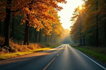 Naklejka premium Golden Autumn Sunlight Illuminates a Scenic Road Through a Canopy of Trees