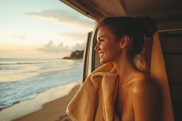 A woman in a towel standing by the camper van, smiling and looking out at the ocean after a refreshing swim, with the beach and sky glowing in the warm light.