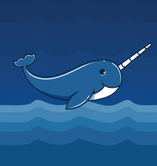 Blue Narwhal Flat Design - Cute Colorful Illustration for Kids or Marine Conservation Activities