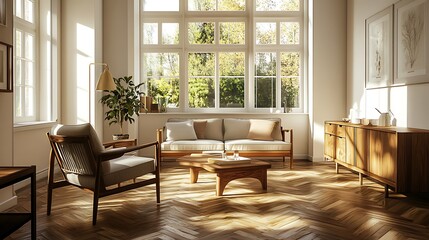 Fototapeta premium living room showcases beautifully laid parquet flooring