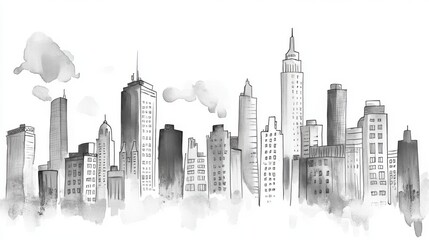 A stunning monochrome illustration of a city skyline, featuring iconic skyscrapers and urban structures, perfect for architectural design themes.