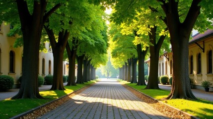 Obraz premium Sunlit Pathway Through a Lush Green Tree-Lined Avenue Leading to a Serene Destination