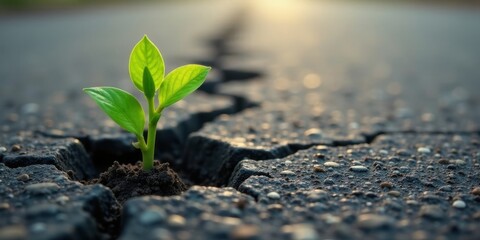 A resilient sprout emerges, pushing through fractured pavement, symbolizing strength and the persistent power of nature's growth in the face of adversity.
