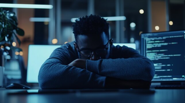 A frustrated developer troubleshooting system crashes in a modern tech office. Featuring error notifications on dark mode screens