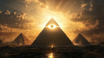 Glowing Eye of Horus Symbol Illuminating Pyramids in the Sky