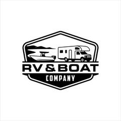 RV and boat logo on the lake with classic style badge design