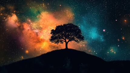Lone Tree Silhouette on Hill Against Vibrant Cosmic Background