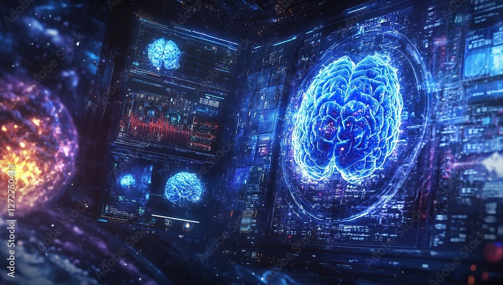 Poster exploring the digital brain: neural networks, ai, and cognitive computing, unveiling mysteries of th