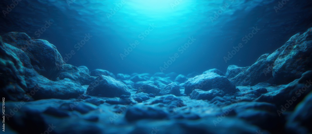 Poster a serene underwater scene showcasing rocks and soft light filtering through the water, creating a tr