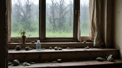 A solitary plant in a forgotten room, witnessed by a dusty window and a forgotten bottle, overlooking a rain-swept field