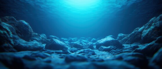 Obraz premium A serene underwater scene showcasing rocks and soft light filtering through the water, creating a tranquil atmosphere.
