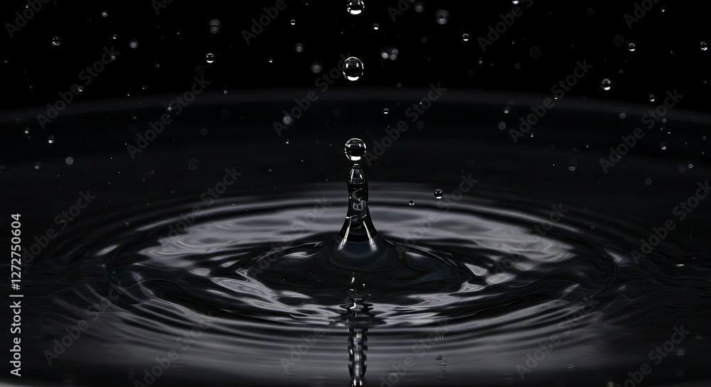 Poster mesmerizing water drop creating ripples in dark reflective surface