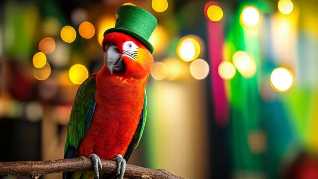 Parrot wearing a leprechaun hat. AI.