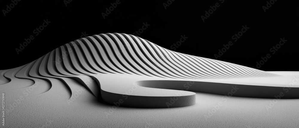 Poster a minimalist, monochromatic landscape featuring smooth, wavy lines and curves that create a serene a