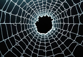 Spider-Web Cracks on Glass: Abstract Design of Radial Fractures Emanating from a Central Impact Point, High-Contrast Image on Deep Black, Ideal for Artistic and Conceptual Backgrounds.

