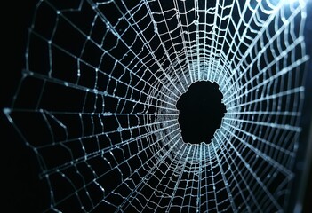 Fototapeta premium Cracked Glass Abstract: Spider-Web Pattern of Radial Fractures Emanating from a Central Point, Displayed on a Deep Black Backdrop, Ideal for Textures, Backgrounds, and Visual Art.