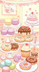 Cute watercolor desserts in pastel cafe setting