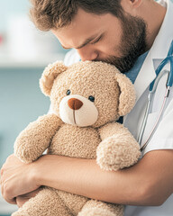 Healthcare professional embracing comforting teddy bear in clinic