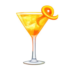 A vibrant orange cocktail with a twist of citrus peel, depicted in a clean, minimalist graphic style, transparent background, PNG