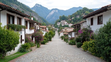 Fototapeta premium Cobblestone street lined with traditional white houses leads towards green mountains in a peaceful historic village.