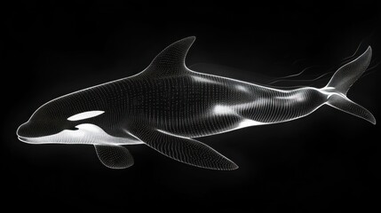 Stylized illustration of an orca whale on a black background.