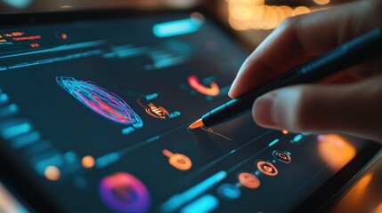 Hand interacting with digital dashboard on tablet in modern setting